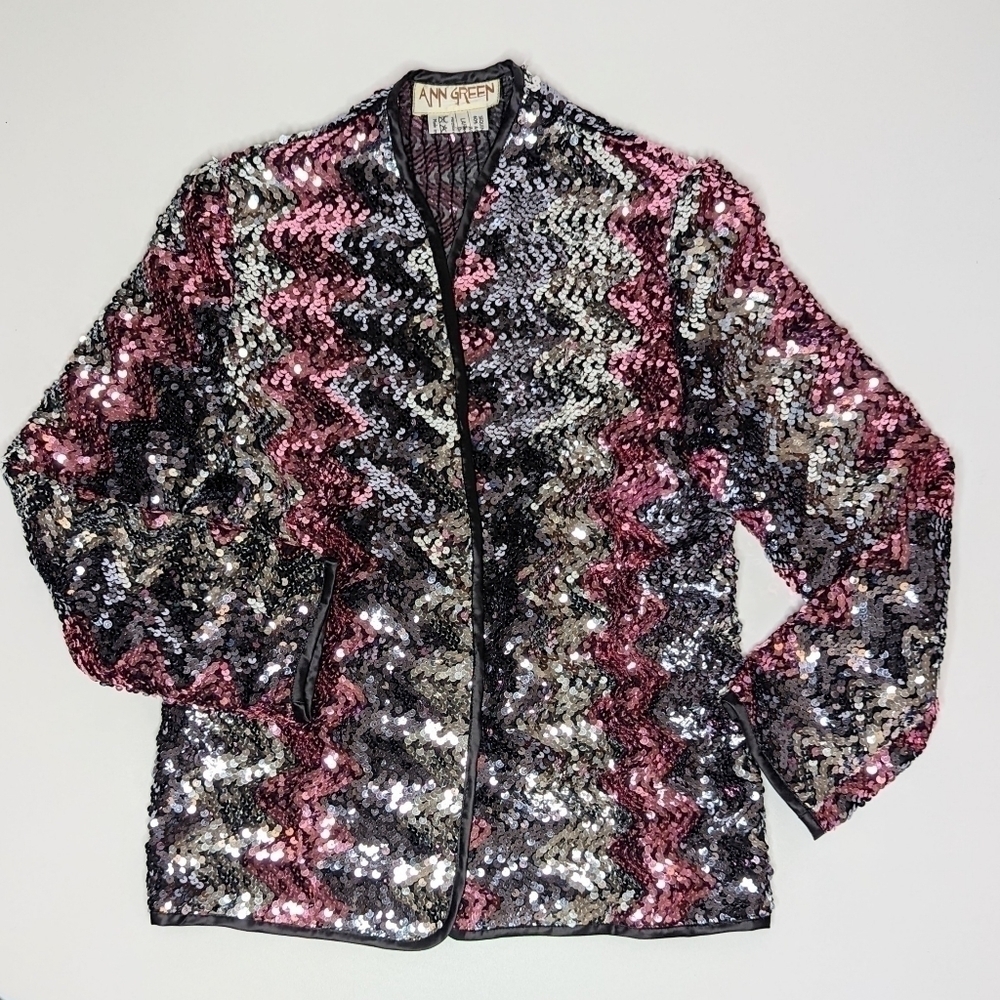Vintage Ann Green sequined blazer jacket size black silver pink